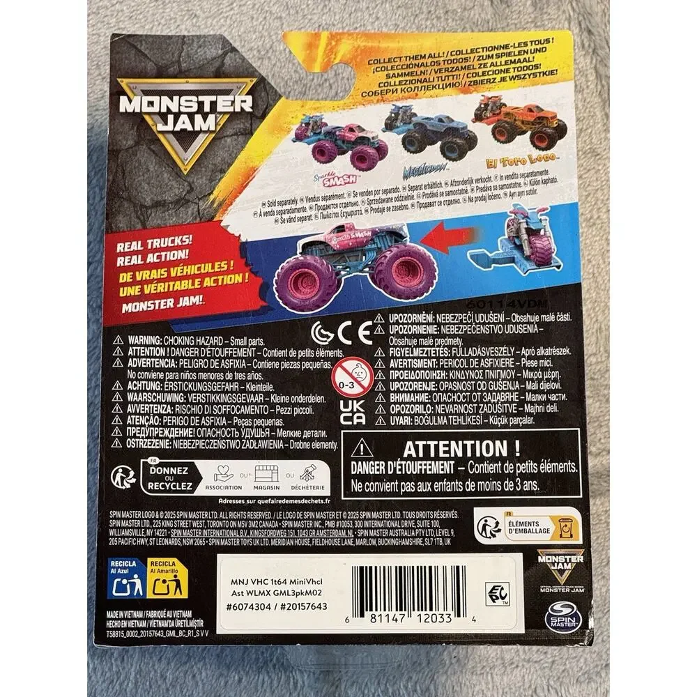 2025 Monster Jam Sparkle Smash Monster Truck & Dirt Bike Walmart Exclusive 1:64